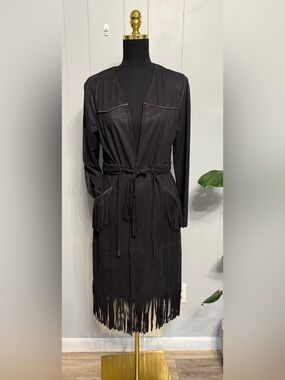 #2)  Voice of California Black Fox suede  Fringe Tie-Waist Open Trench Coat